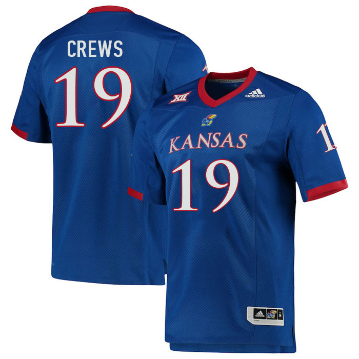 Men #19 TJ Crews Kansas Jayhawks College Football Jerseys Stitched Sale-Royal
